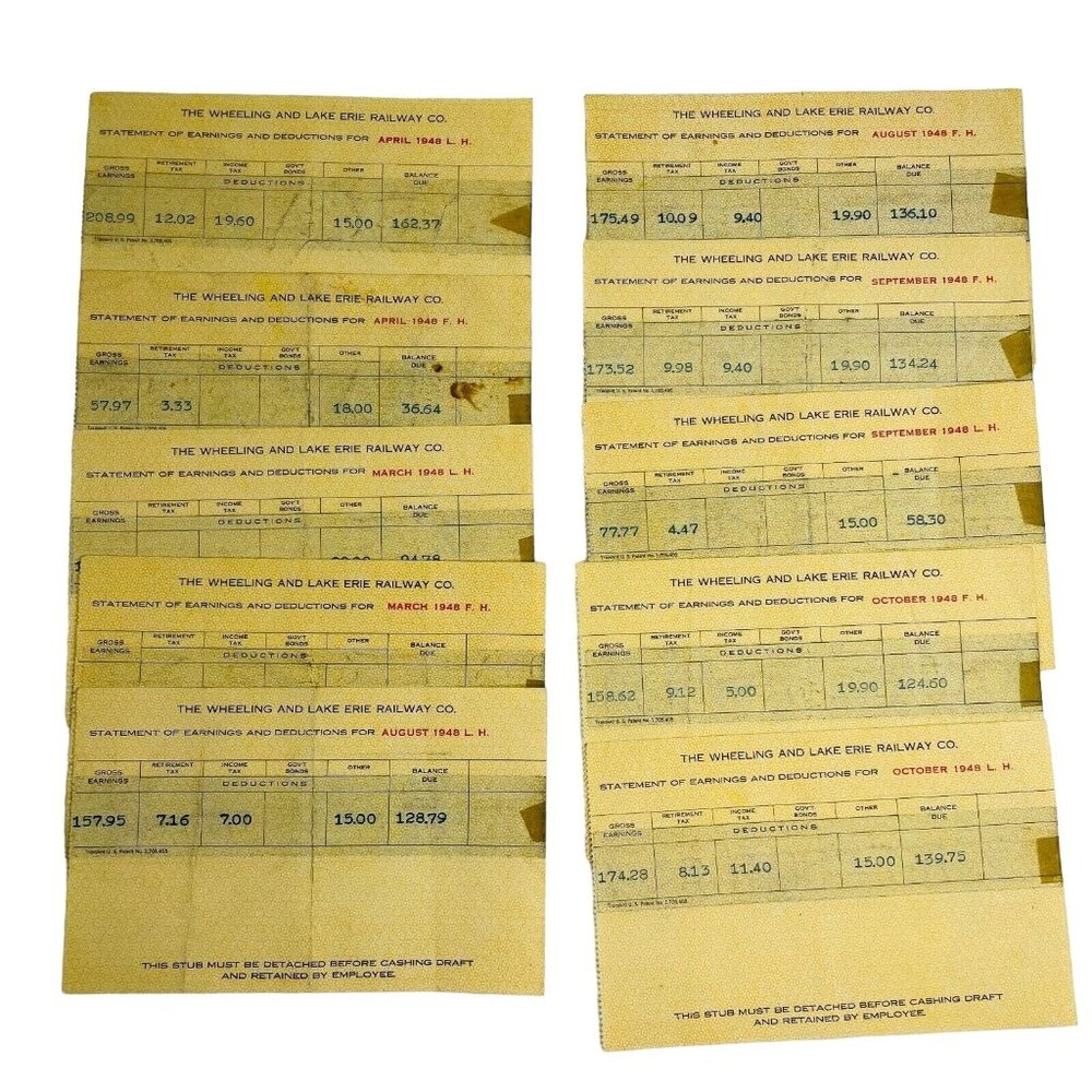 10 Wheeling Lake Erie Railway Company Ephemera 1940s u Employee Earning Pay Stub